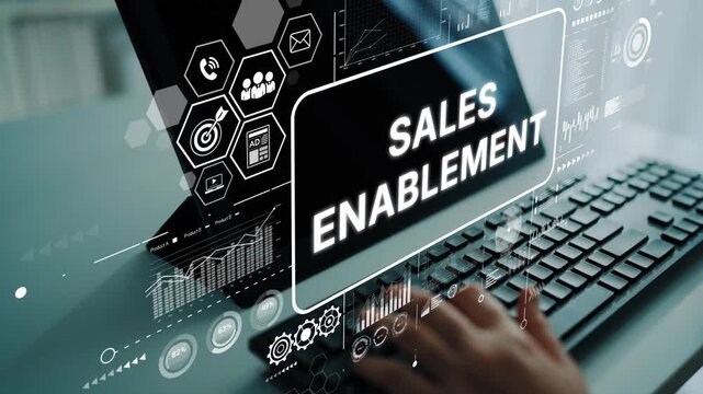 Sale Enablement Concept with Modern Technology and Data Analysis on Computer Screen in Office Setting. Asymptotic smart data analytic.