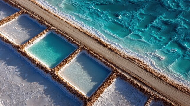 Aerial View of White Salt Flat Evaporation Ponds with Turquoise Blue Mineral Water Separated by Earth Berm Walls &mdash; Salt Mining Industry