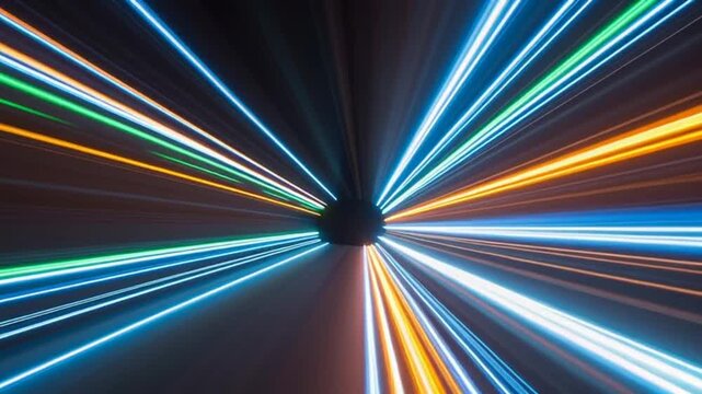 neon light trails speeding through dark tunnel abstract background