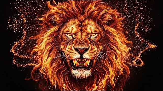 A fierce lion with a fiery mane and glowing eyes, depicted with intense detail and a dark background.