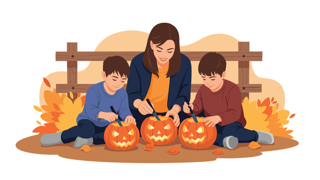 Smiling mother and her two sons carving jack-o-lanterns from pumpkins to prepare for a fun Halloween celebration outside.