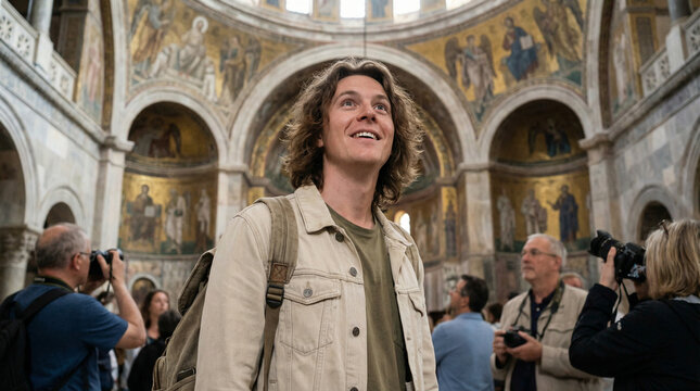 Young man admiring artwork while exploring historic cathedral interior  