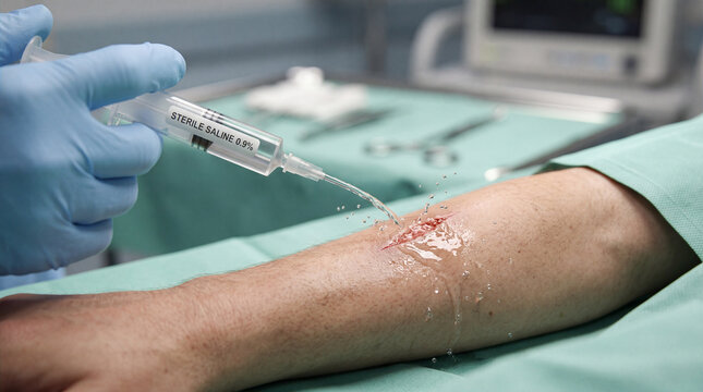 Medical staff cleans a wound with sterile saline in a hospital setting during a procedure on a patient&rsquo;s arm