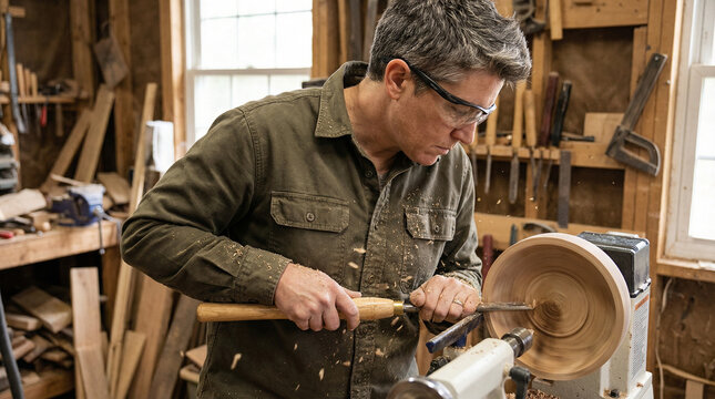 Man shaping a wooden bowl on a lathe in a workshop with focus  