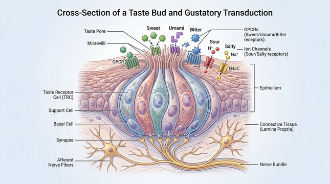 Detailed view of a taste bud and how it works in the human body showing different receptor types and structures involved in taste