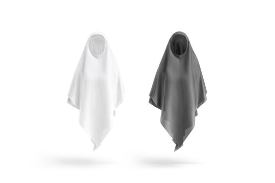 Blank black and white female khimar mockup png, transparent background, 3d rendering. Empty abaya or headscarf for women nationality clothing mock up cut out. Clear eastern shawl headdress template.