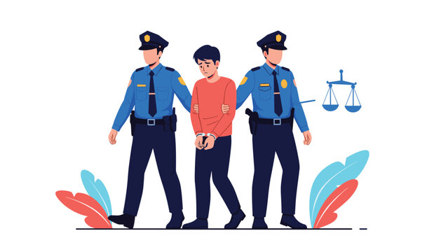 Handcuffed young man being escorted by two police officers in uniform with symbolic scales of justice appearing in background.