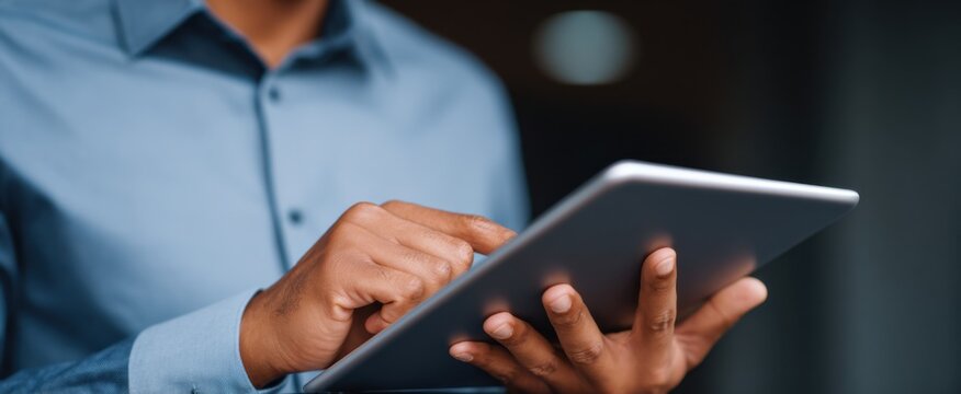 Entrepreneur reviews electronic documents on a tablet for contract validation and quality assurance.