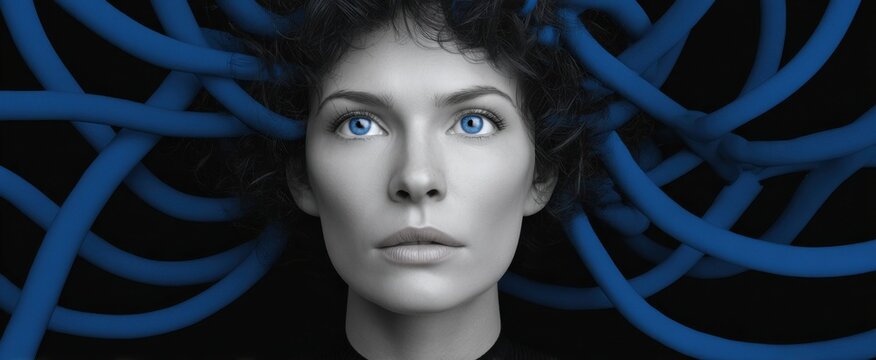 Woman's head filled with tangled wires symbolizes mental overload confusion stress and anxiety.