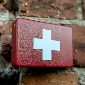 Bo&icirc;te de premiers secours rouge avec croix blanche fix&eacute;e sur mur de briques
