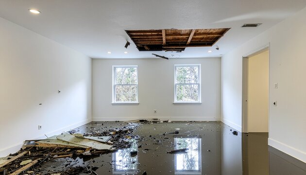 Pi&egrave;ce en travaux de r&eacute;novation avec sol inond&eacute; et plafond endommag&eacute;