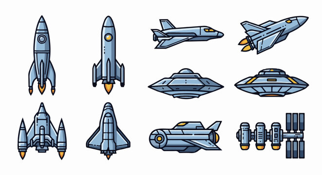 Collection of colorful pixel art spacecraft including rockets, shuttles, and UFOs