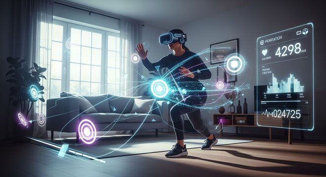 Futuristic Virtual Reality Gaming Experience with Holographic Interfaces.