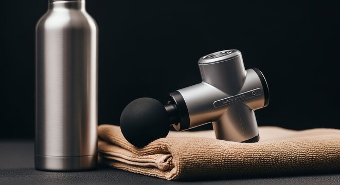 Relaxing massage scene with essential oil bottle and massage gun on towel.