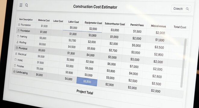 Construction Cost Estimation Spreadsheet with Detailed Budget Breakdown.