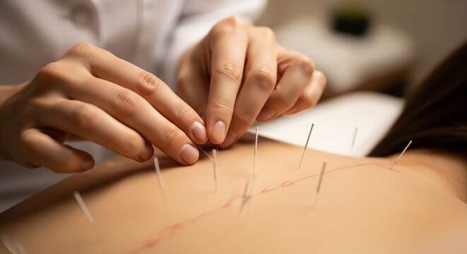 Acupuncture treatment with fine needles inserted into a patient's back for health therapy.
