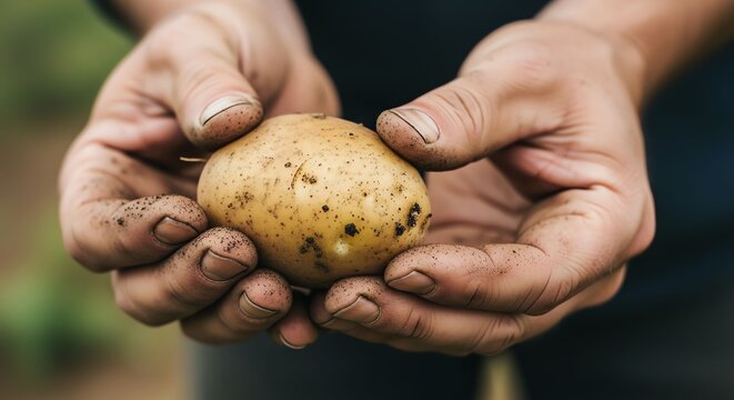Close-up of Hands Holding Freshly Dug Potato in Natural Environment.