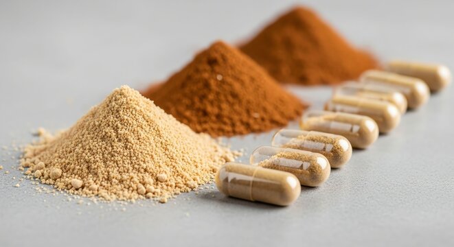 Assorted dietary supplements and powders with capsules on a neutral background.