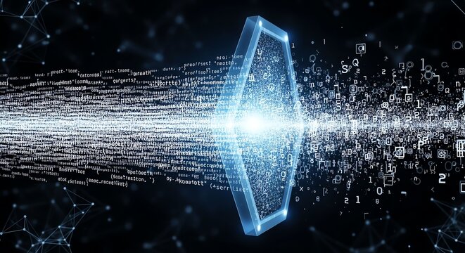 Futuristic Digital Glass Screen with Light Effects and Data Visualization.