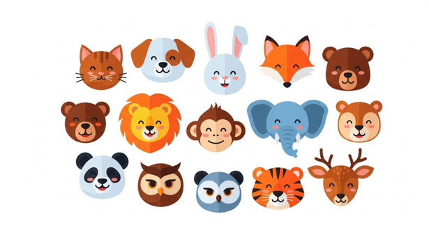 Cute animal face collection with cartoon heads and funny expressions vector