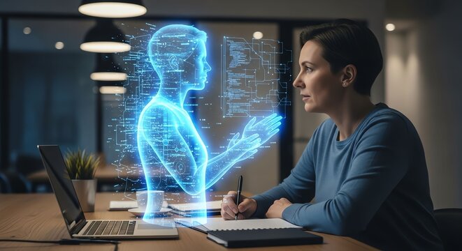 Futuristic Digital Human Interaction with Holographic Technology in a Modern Workspace.