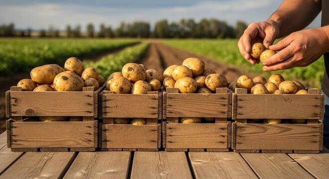 Harvesting Potatoes in a Rural Farm Setting with Wooden Baskets.