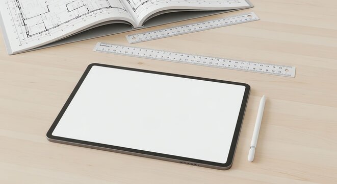 Modern digital tablet with stylus on wooden desk surface for technology and business use.