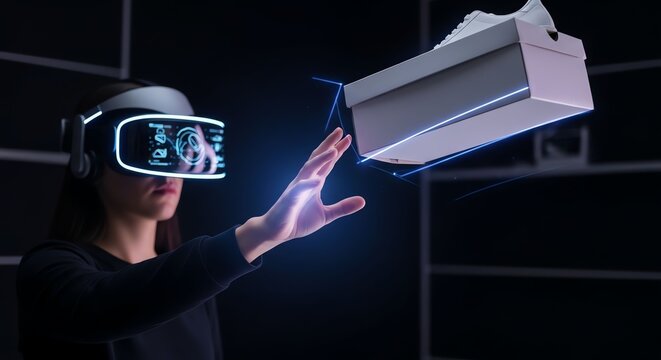Person Using Virtual Reality Headset Interacting with Digital Environment in Dark Room.