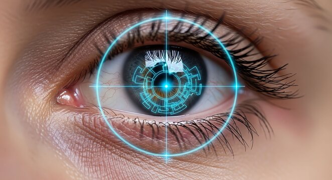 Close-up of a human eye with futuristic digital interface overlay.