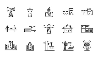 Obraz premium Minimal thin line architecture and infrastructure icons set with landmarks buildings and construction elements vector
