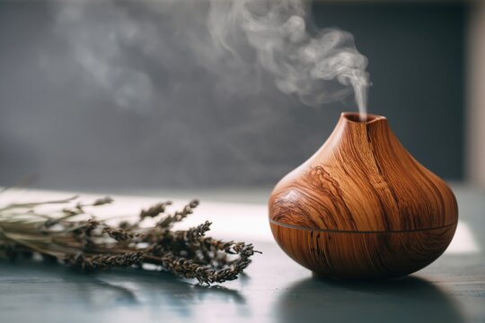 Wood essential oil diffuser releasing steam for aromatherapy