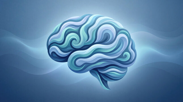 Brain sleep relaxation mindful meditation waves concept. Abstract representation of a brain with flowing blue waves.