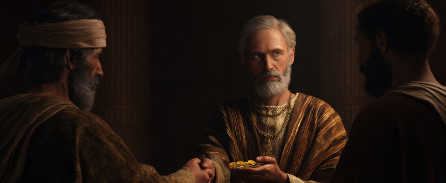 Betrayer offers gleaming gold coins to temple elders capturing a poignant biblical moment.