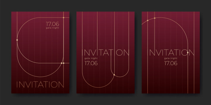 Luxury gala invitation templates set with golden lines and geometric patterns on magenta background. Vector realistic set of elegant banner design with modern premium pattern, VIP card layouts