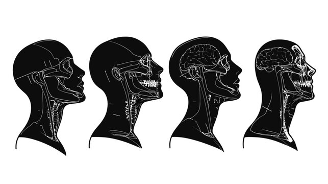 Four black silhouettes displaying side profiles of human heads with partially visible internal skeletal structures