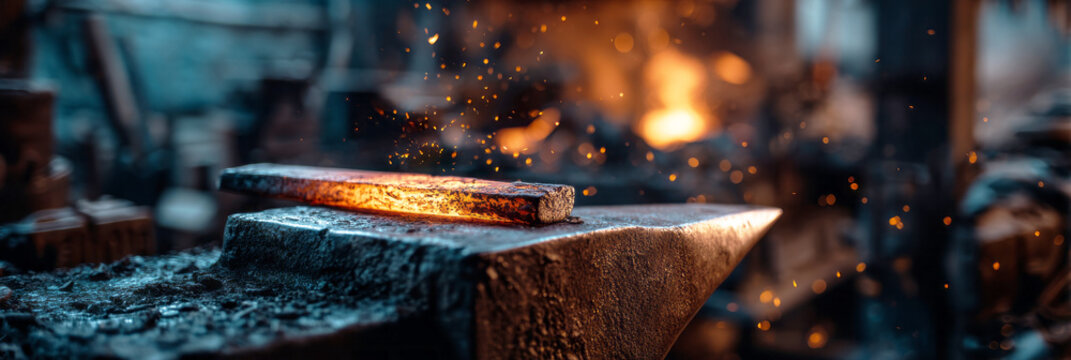 A glowing hot steel billet sits on a heavy anvil in a metal forging workshop. Bright sparks fly around as the heat fills the space. The scene shows metalwork in action