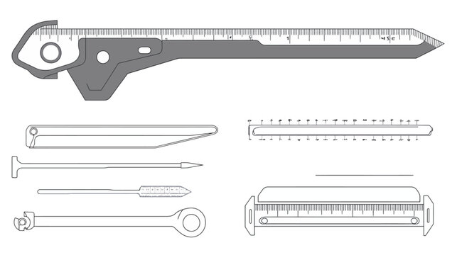 Line drawing of various tools, including a ruler, a key-like tool, and other measuring implements