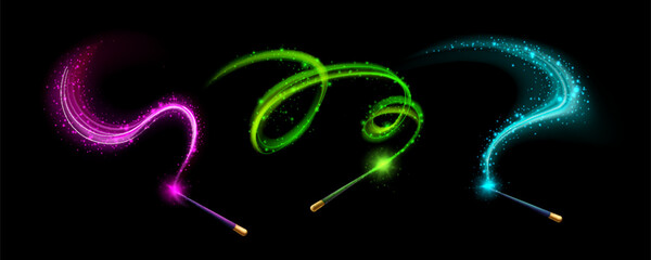 Naklejka premium Magical wand with glowing sparkles and light trails, realistic vector set on transparent background. Fairy spell effect, shimmering stars and particles, and luminous swirls, enchanting atmosphere