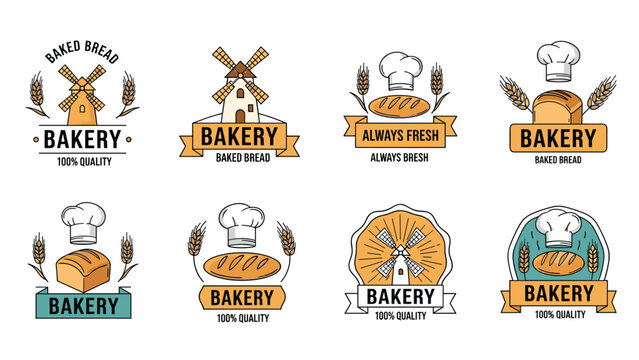 Collection of bakery logos and badges featuring rustic windmills, wheat stalks, fresh bread loaves, and professional chef hats for branding.