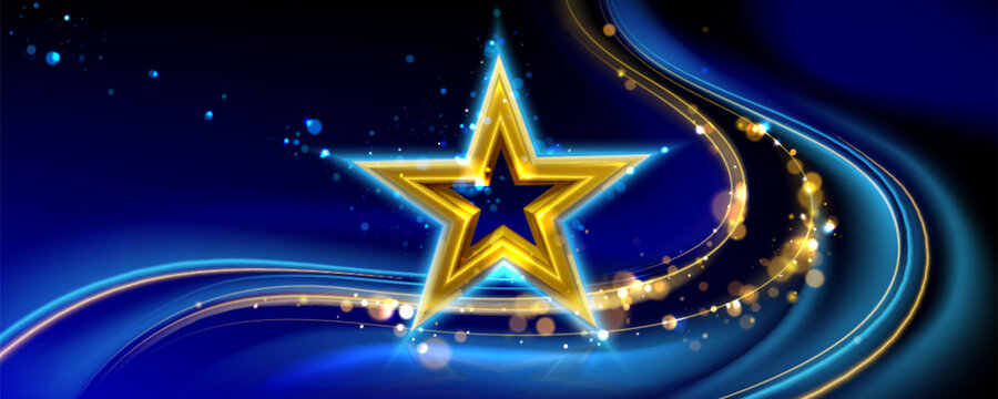 Award ceremony background with glowing gold star, blue waves and golden sparkling particles. Luxury 3D vector concept design for winner presentation events with blurred light effects and shining bokeh