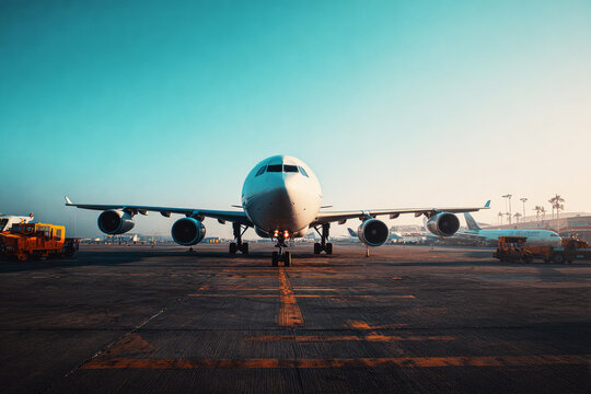 A plane arrives at the airport as the sun sets. The sky shows colors of orange and purple. Lights are on at the terminal and other planes are parked nearby