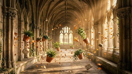 Fototapeta premium Magical ancient cathedral corridor with floating flower pots and scattered autumn leaves