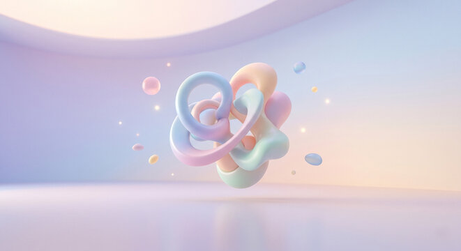 Abstract Minimalist 3D Pastel Gradient Background with Floating Organic Shapes and Glowing Particles