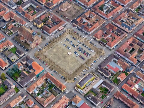 Aerial view of the octagonal grid pattern of streets and buildings surrounding Place d'Armes, showcasing the architectural brilliance, Neuf-Brisach, Grand Est, France.