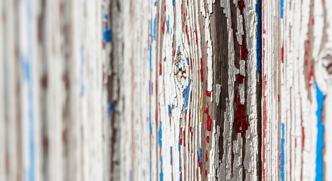 Close-up of Weathered Wood Grain with Peeling Paint Layers.