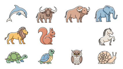 Obraz premium Wide assortment of stylized animal icons including a dolphin, elephant, lion, horse, turtle, and snail shown in a grid layout.