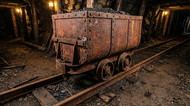 Old mining cart on rusty tracks inside dimly lit mine shaft  