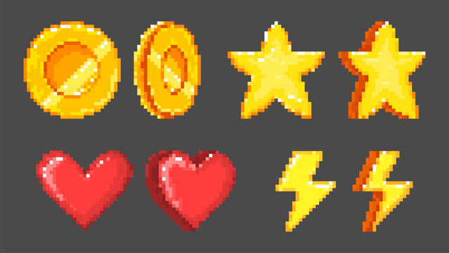 Pixel art golden coins, stars, hearts, lightning icons spinning on black background. Vector illustration of retro arcade game assets, classic style 8-bit treasure, video gaming ui, nostalgic graphics