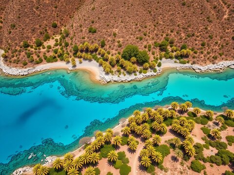 A breathtaking aerial view of Vai, Crete, showcasing its unique palm forest meeting the turquoise sea,  picturesque scenery,  coastal landscape