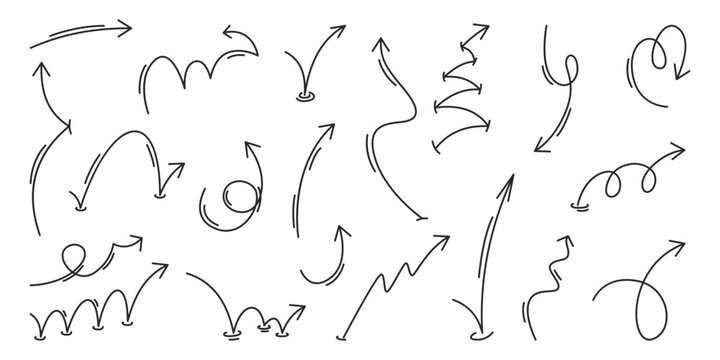 Playful bounce arrows set isolated on white background. Vector illustration of curvy, spiral and zigzag trajectory doodles, hand drawn motion lines, squiggly paths, dynamic motion effect arrows